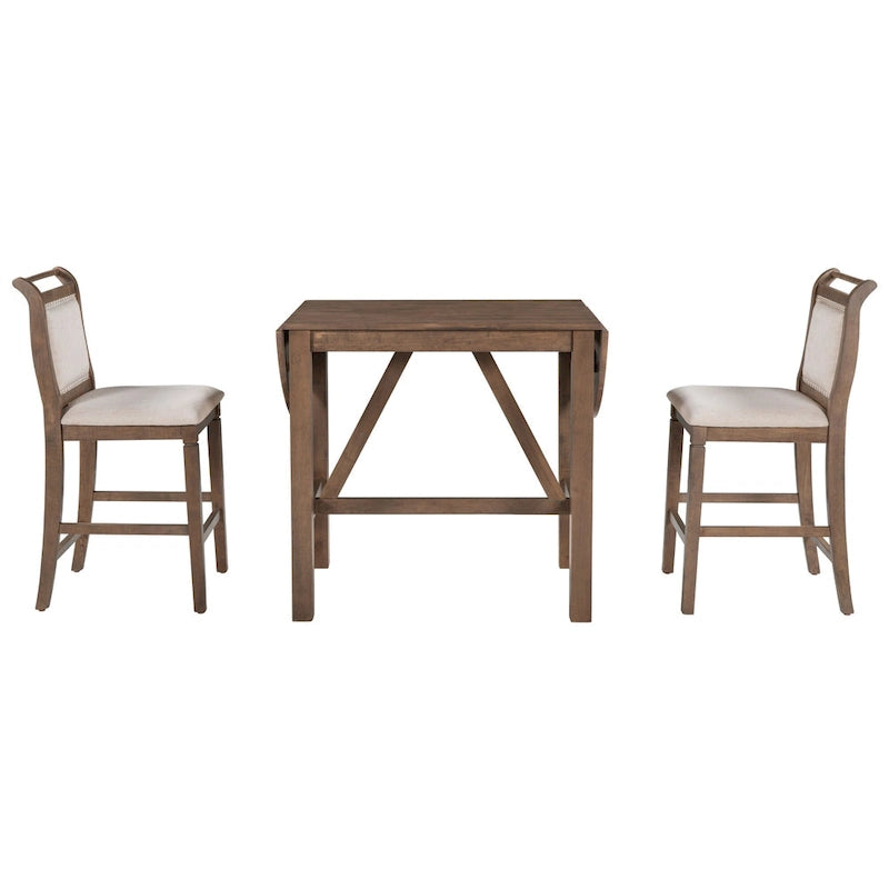 Ensemble de salle à manger de 3 pièces en bois, hauteur comptoir, avec table à rabat et 2 chaises