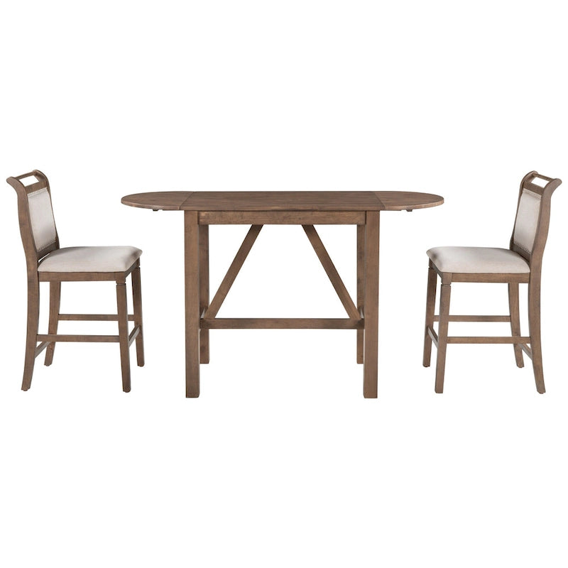 Ensemble de salle à manger de 3 pièces en bois, hauteur comptoir, avec table à rabat et 2 chaises