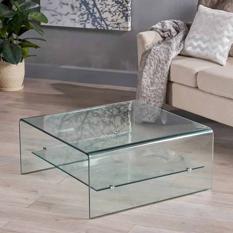 Table basse carrée en verre trempé transparent avec étagère de rangement