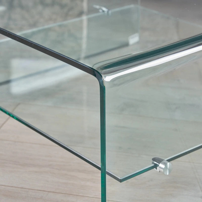 Table basse carrée en verre trempé transparent avec étagère de rangement