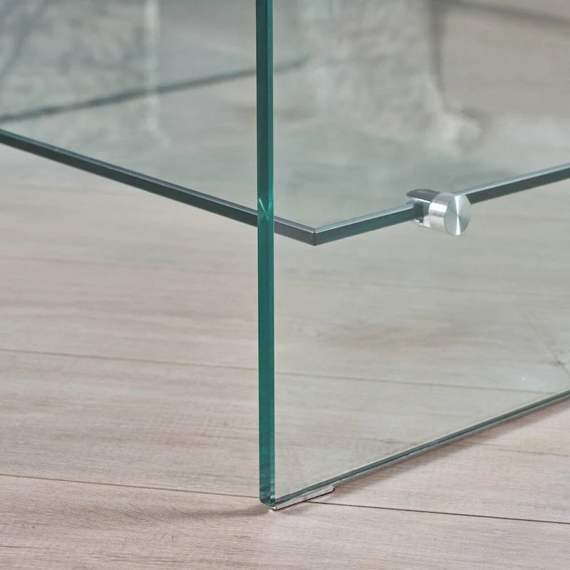 Table basse carrée en verre trempé transparent avec étagère de rangement