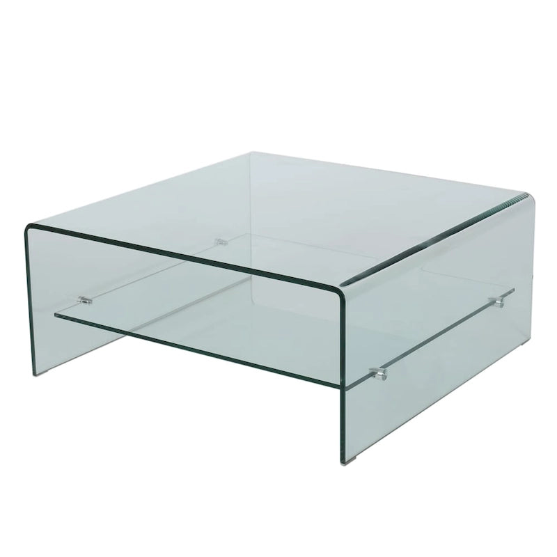 Table basse carrée en verre trempé transparent avec étagère de rangement
