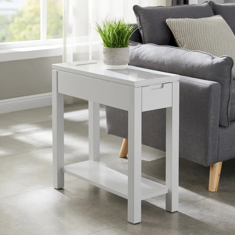 Table de chevet en bois marron/blanc/noir/gris avec tiroir et port USB-C, 1 utilisateur