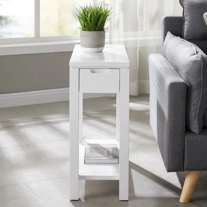 Table de chevet en bois marron/blanc/noir/gris avec tiroir et port USB-C, 1 utilisateur