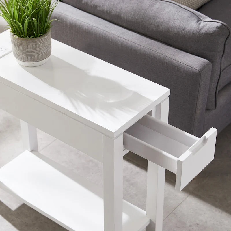 Table de chevet en bois marron/blanc/noir/gris avec tiroir et port USB-C, 1 utilisateur