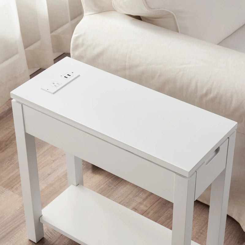 Table de chevet en bois marron/blanc/noir/gris avec tiroir et port USB-C, 1 utilisateur