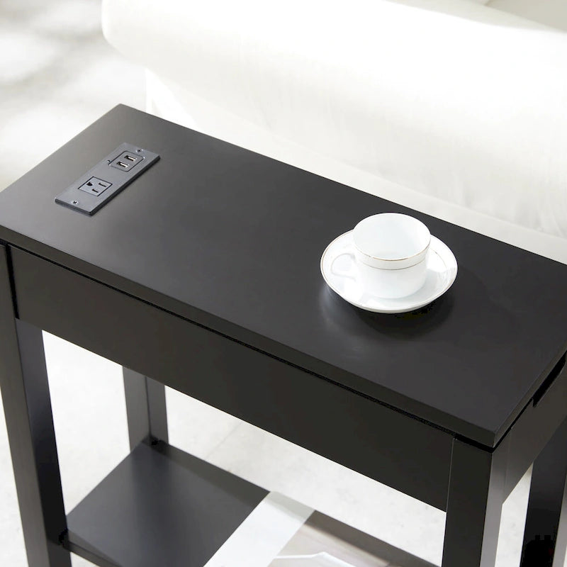Table de chevet en bois marron/blanc/noir/gris avec tiroir et port USB-C, 1 utilisateur