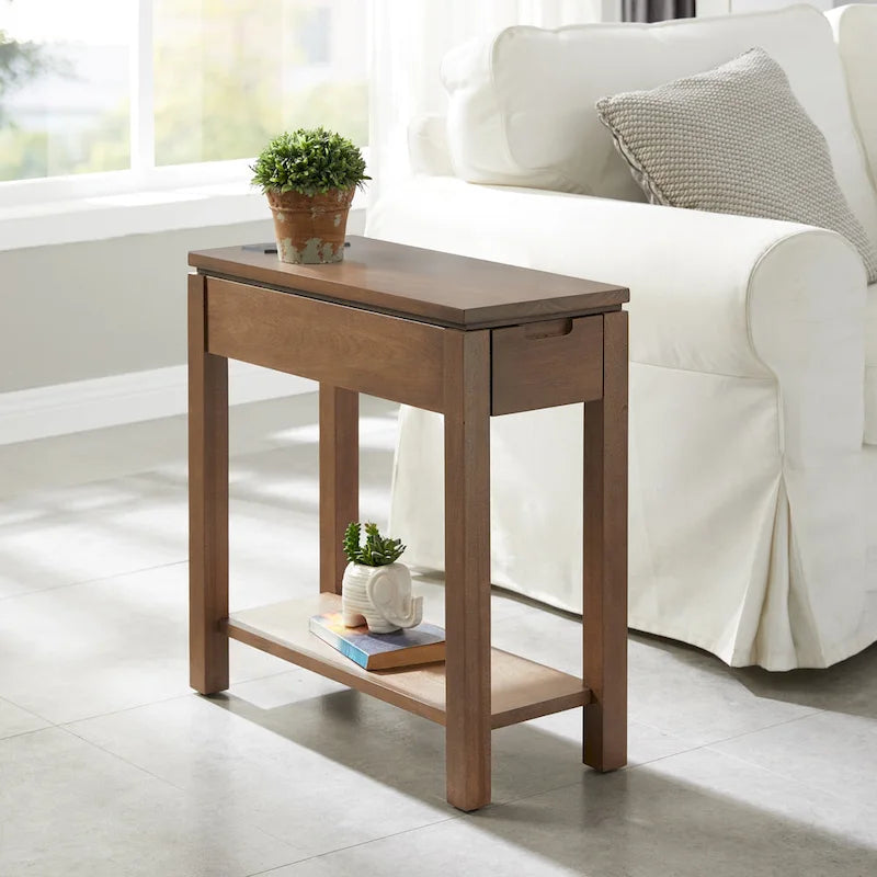 Table de chevet en bois marron/blanc/noir/gris avec tiroir et port USB-C, 1 utilisateur