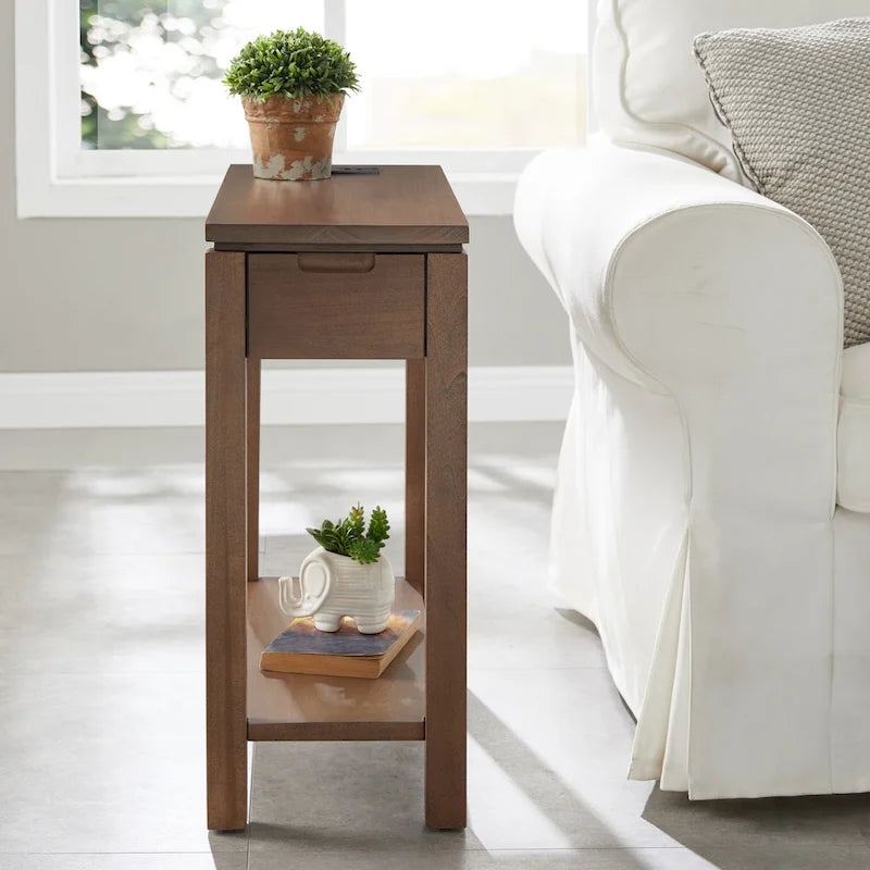 Table de chevet en bois marron/blanc/noir/gris avec tiroir et port USB-C, 1 utilisateur