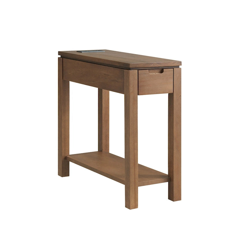 Table de chevet en bois marron/blanc/noir/gris avec tiroir et port USB-C, 1 utilisateur
