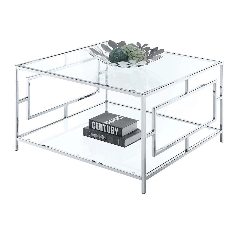 Table basse carrée en verre et chrome avec étagère, Espace de vie pour 1 personne