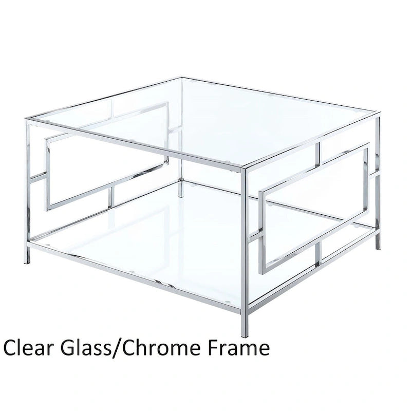 Table basse carrée en verre et chrome avec étagère, Espace de vie pour 1 personne