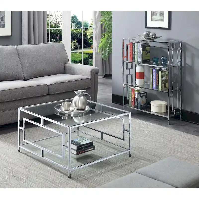 Table basse carrée en verre et chrome avec étagère, Espace de vie pour 1 personne