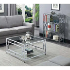 Table basse carrée en verre et chrome avec étagère, Espace de vie pour 1 personne