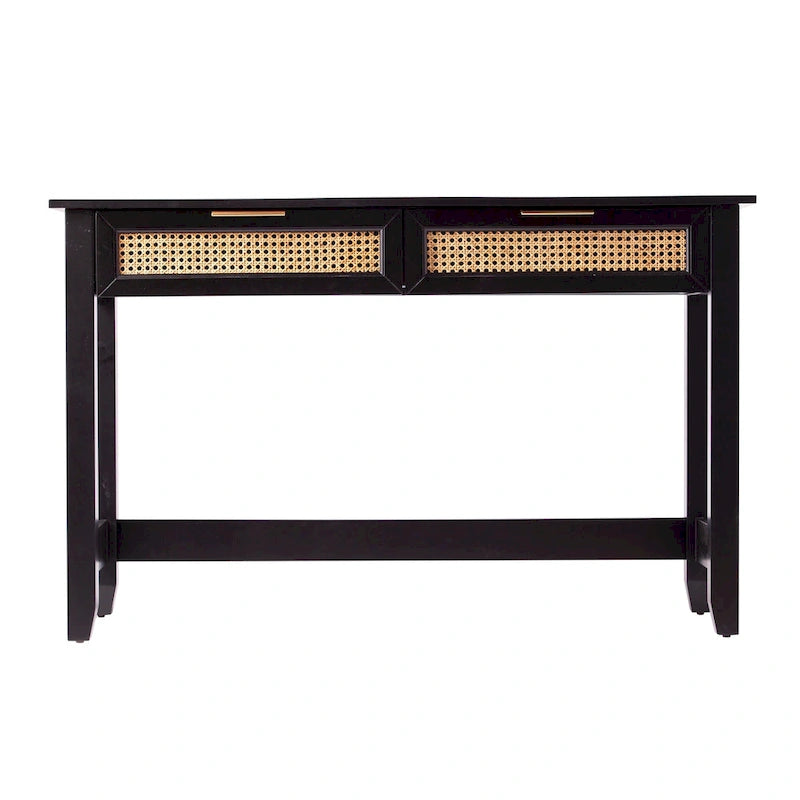 Console noire à 2 tiroirs avec accents en rotin