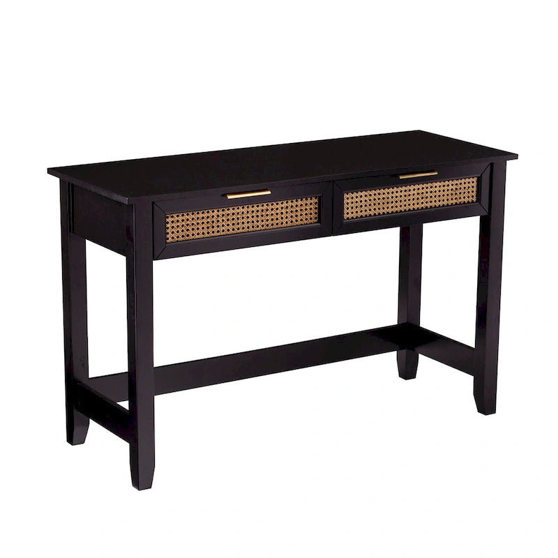 Console noire à 2 tiroirs avec accents en rotin