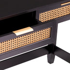 Console noire à 2 tiroirs avec accents en rotin