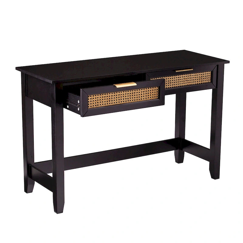 Console noire à 2 tiroirs avec accents en rotin