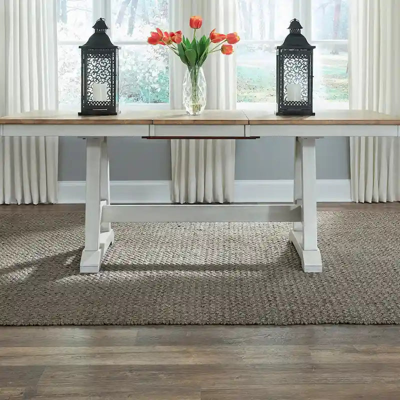 Ensemble de 7 meubles de table à tréteaux Lindsey Farm, blanc vieilli et grès