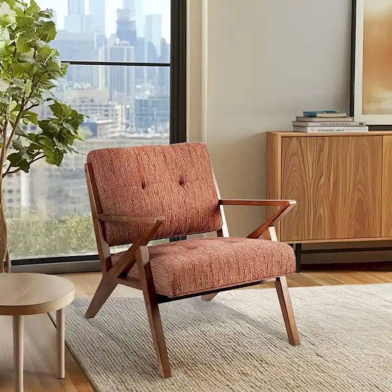 Fauteuil d'appoint du milieu du siècle Orange / Gris clair, Dossier capitonné, Cadre en bois, 1 place