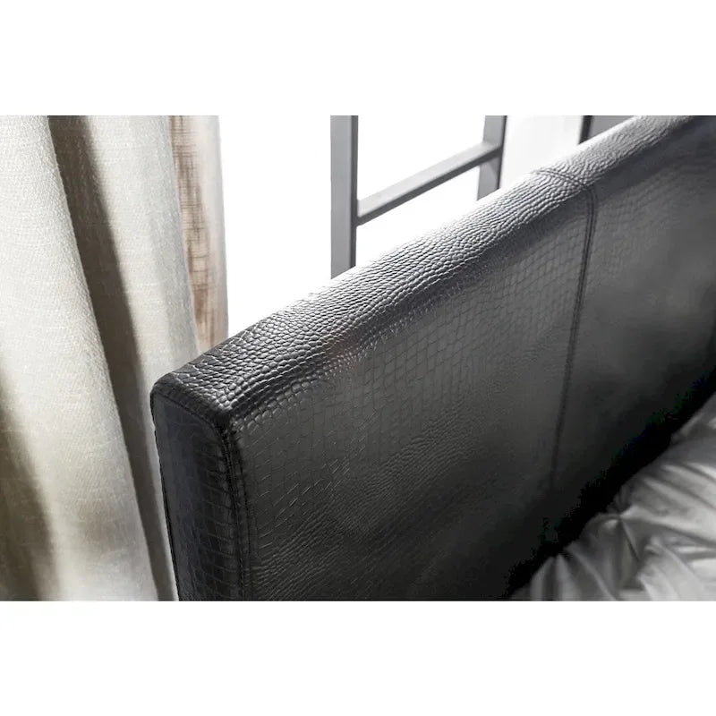 Lit plateforme profil bas en similicuir noir texturé crocodile – Du jumeau au très grand, 1–2 personnes
