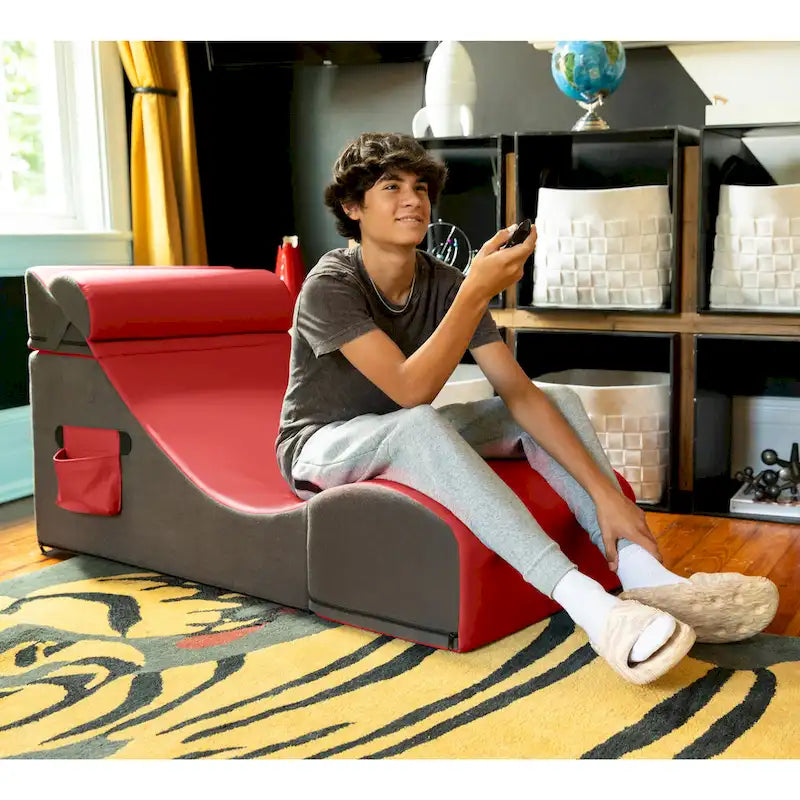Fauteuil de sol, pouf et table convertible 3-en-1 en vinyle bleu/gris/violet/rouge/noir/vert – 1 personne