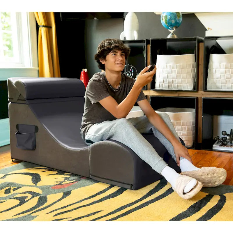 Fauteuil de sol, pouf et table convertible 3-en-1 en vinyle bleu/gris/violet/rouge/noir/vert – 1 personne