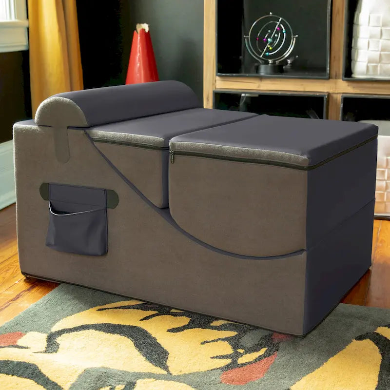 Fauteuil de sol, pouf et table convertible 3-en-1 en vinyle bleu/gris/violet/rouge/noir/vert – 1 personne