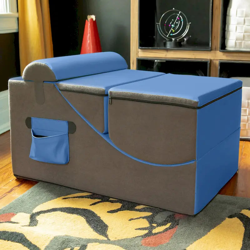 Fauteuil de sol, pouf et table convertible 3-en-1 en vinyle bleu/gris/violet/rouge/noir/vert – 1 personne