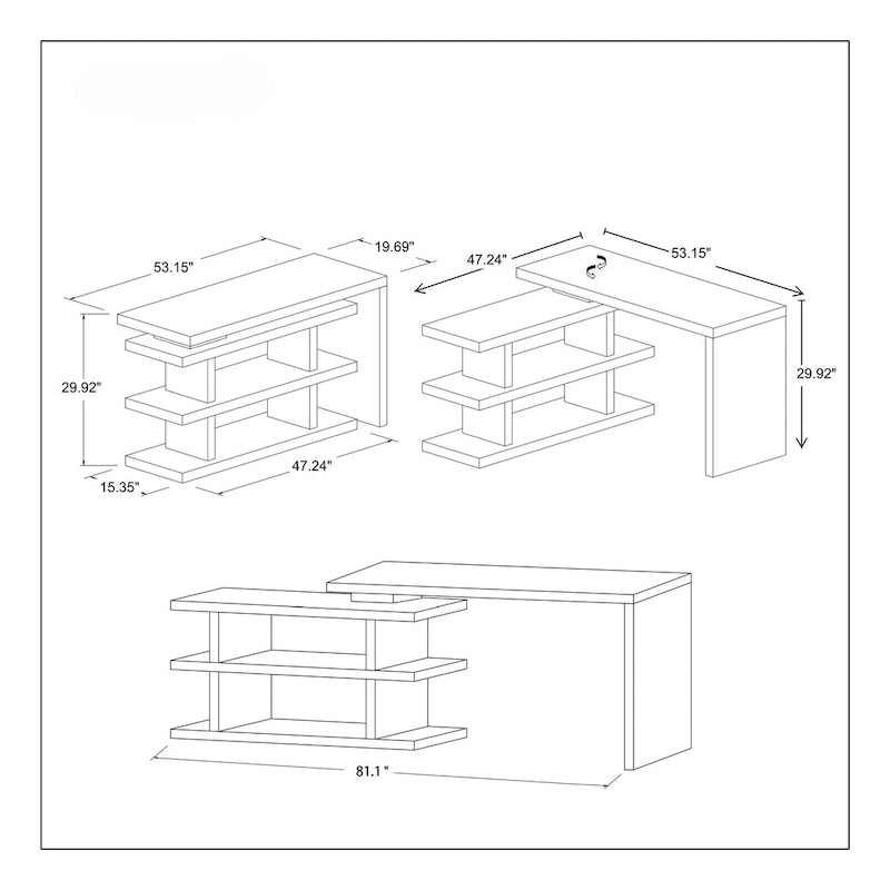 Bureau d'angle en noyer pour 1 personne avec étagère rotative à 360°