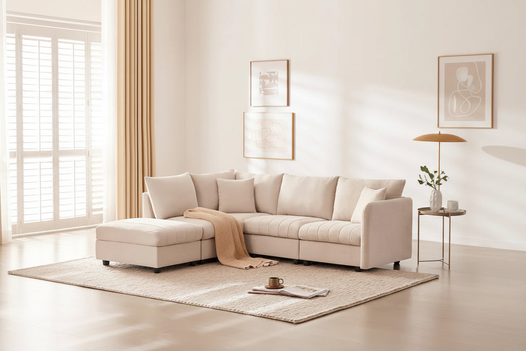[VIDEO provided][New]89*79Modern Sectional Sofa with Vertical Stripes,2 Pillows,5-Seat Couch with Convertible Ottoman,Various C
