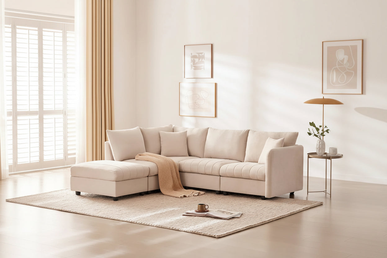 [VIDEO provided][New]89*79Modern Sectional Sofa with Vertical Stripes,2 Pillows,5-Seat Couch with Convertible Ottoman,Various C