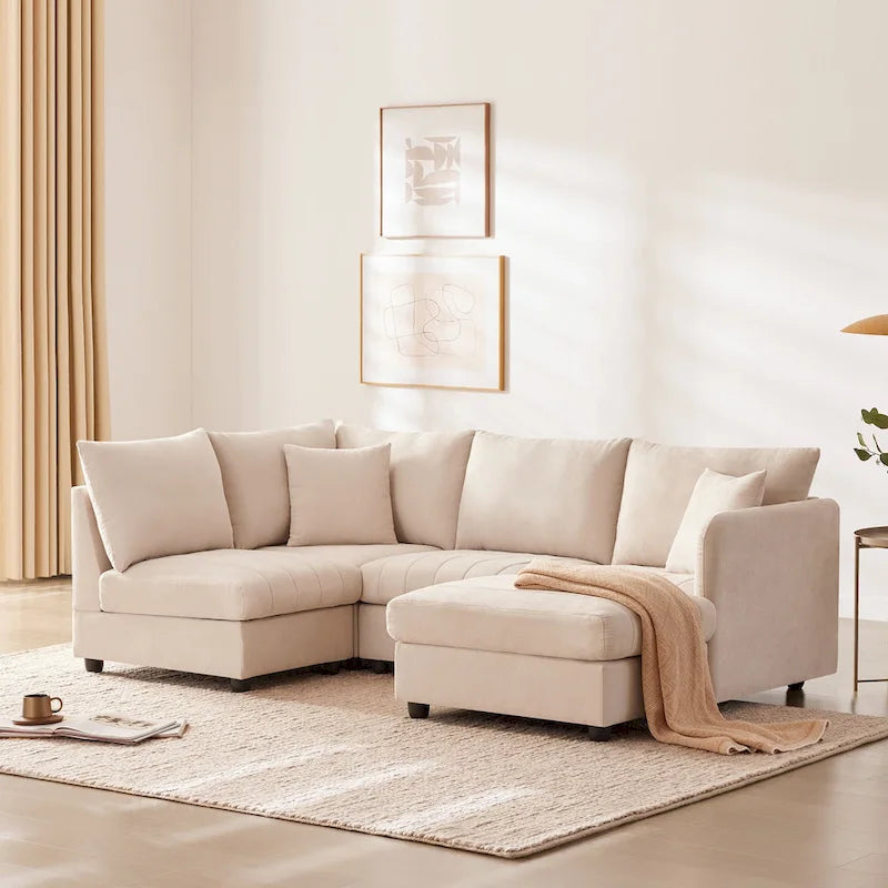 Canapé d'angle gris en forme de L avec pouf, rayures verticales, 5 places