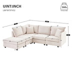 Canapé d'angle gris en forme de L avec pouf, rayures verticales, 5 places