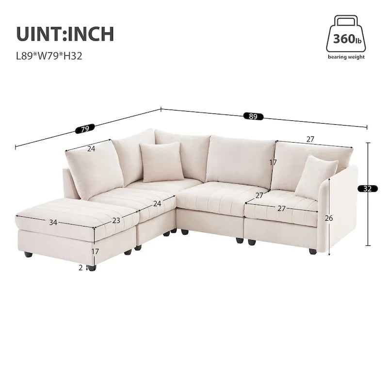 Canapé d'angle gris en forme de L avec pouf, rayures verticales, 5 places