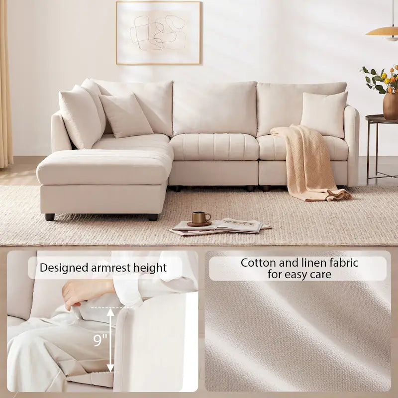 Canapé d'angle gris en forme de L avec pouf, rayures verticales, 5 places