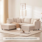 Canapé d'angle gris en forme de L avec pouf, rayures verticales, 5 places