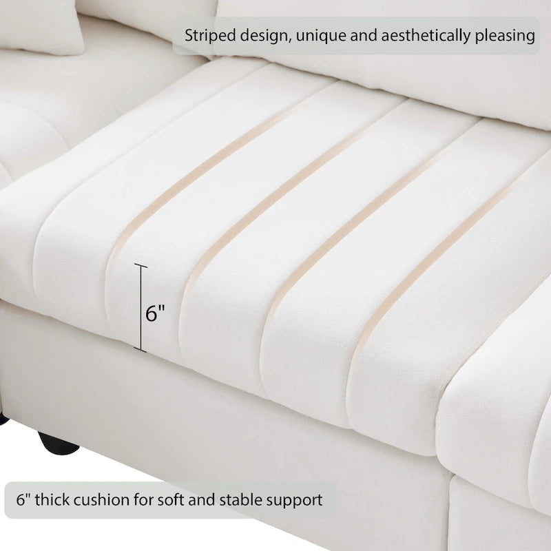 Canapé d'angle gris en forme de L avec pouf, rayures verticales, 5 places