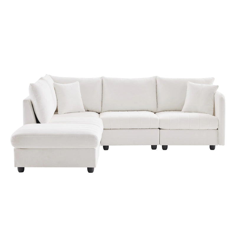 Canapé d'angle gris en forme de L avec pouf, rayures verticales, 5 places