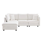 Canapé d'angle gris en forme de L avec pouf, rayures verticales, 5 places