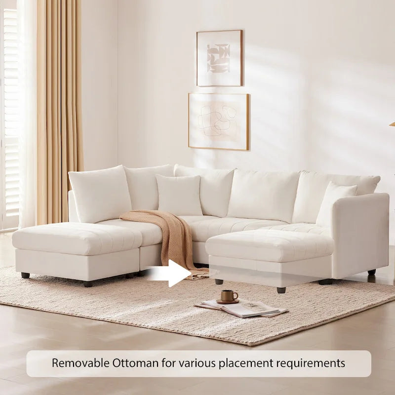 Canapé d'angle gris en forme de L avec pouf, rayures verticales, 5 places