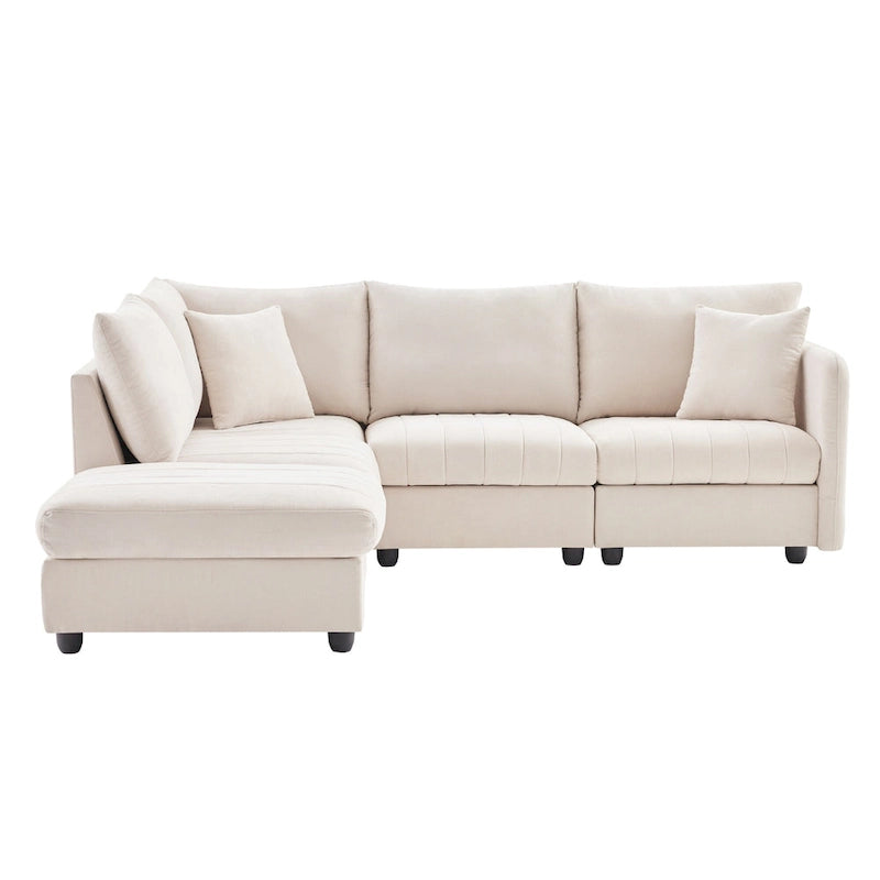 Canapé d'angle gris en forme de L avec pouf, rayures verticales, 5 places