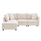 Canapé d'angle gris en forme de L avec pouf, rayures verticales, 5 places