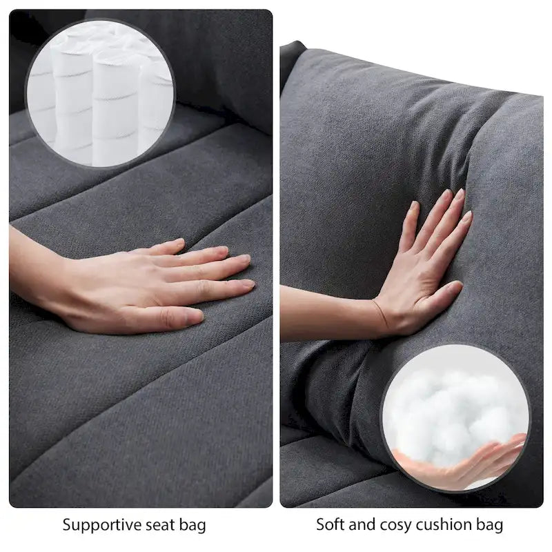 Canapé d'angle gris en forme de L avec pouf, rayures verticales, 5 places