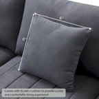 Canapé d'angle gris en forme de L avec pouf, rayures verticales, 5 places