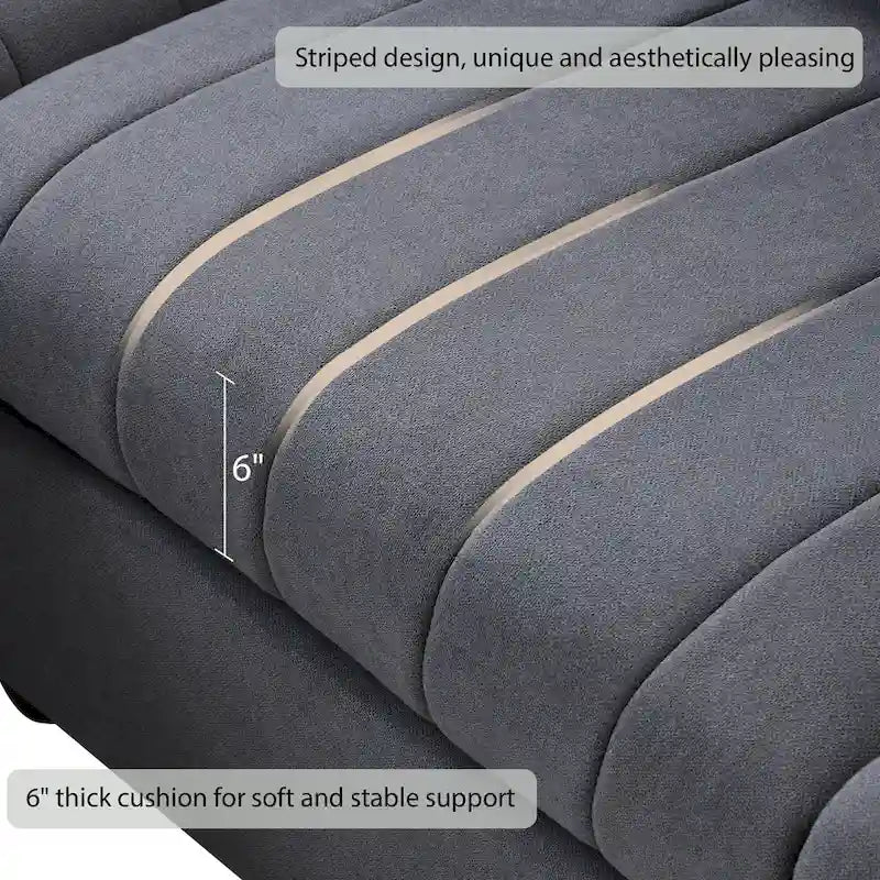 Canapé d'angle gris en forme de L avec pouf, rayures verticales, 5 places