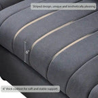 Canapé d'angle gris en forme de L avec pouf, rayures verticales, 5 places