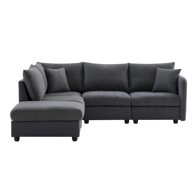 Canapé d'angle gris en forme de L avec pouf, rayures verticales, 5 places
