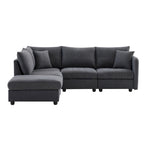 Canapé d'angle gris en forme de L avec pouf, rayures verticales, 5 places
