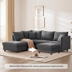 Canapé d'angle gris en forme de L avec pouf, rayures verticales, 5 places